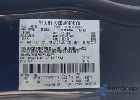 2008 Mercury Mountaineer Premier z USA, uszkodzony, nr VIN 4M2EU48E28UJ13643